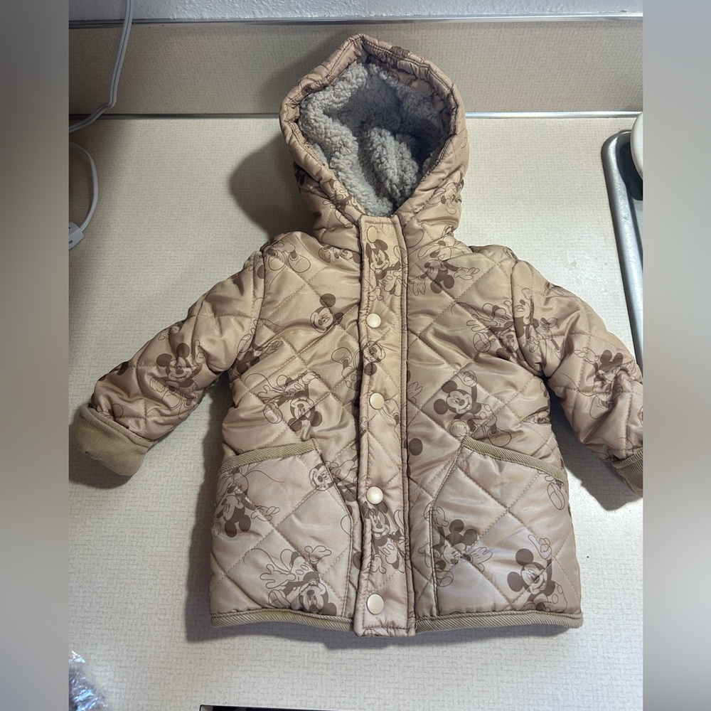 Tan Quilted Hooded Jacket with Mickey Mouse Print